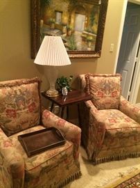 Matching living room or bedroom chairs; antique side table with lower shelf; lamp; more art