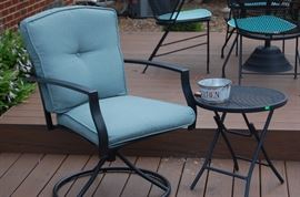 These outdoor patio chairs swivel and are very comfortable.  They were purchased less than 3 years ago and there are two available.  They go nicely with the patio set that is for sale as well as the table also pictured.