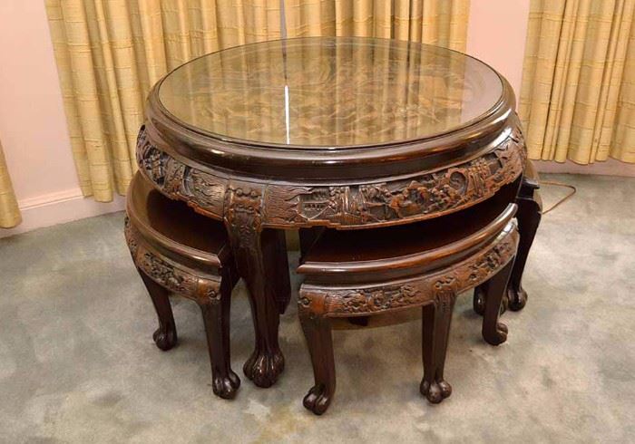 Vintage Asian Wood Carved Table with 4 Stools (Glass Top)