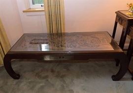 Vintage Asian Wood Carved Coffee Table with Glass Top