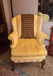 Vintage Yellow Upholstered Queen Anne Wingback Chair