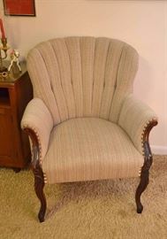 Vintage Neutral Greige Upholstered Arm Chair with Nailhead Trim