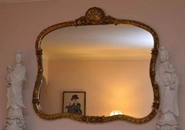 Large Vintage Ornate Brass Framed Wall Mirror with Scallop & Floral Details