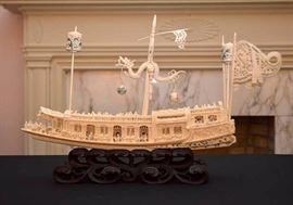 Large Asian Ship Carving with Stand and Display Case (Display case not shown)