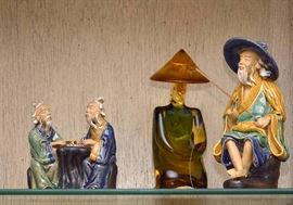Ceramic Mudmen & Asian Man Art Glass Figurine / Paperweight