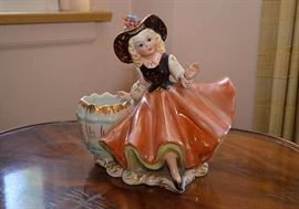 Vintage Ceramic Planter with Girl in Flouncy Skirt & Hat