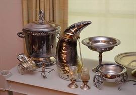 Silverplate Ice Bucket, Rhino Horn Decanter, Various Serving Pieces