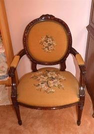 Antique Carved Wood Chair with Lily Flower Needlepoint