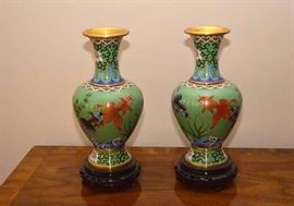 Pair of Cloisonne Vases with Stands (Green with Koi)