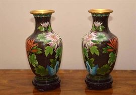 Pair of Cloisonne Vases with Stands (Black with Chrysanthemums)