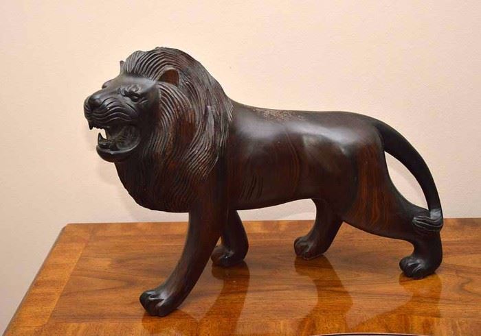 Large Wood Carved Lion Statue