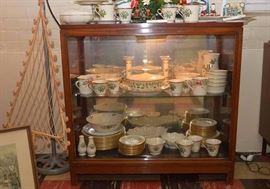 Vintage Wood Lighted Display Cabinet with Glass Doors & Lenox Fine Porcelain Christmas China Set