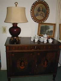 Nice older lamp along with pictures and tea set. Other antique pictures not shown