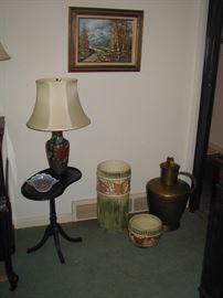 Umbrella stand, jardinière, milk jug, pair of cloisonné lamps