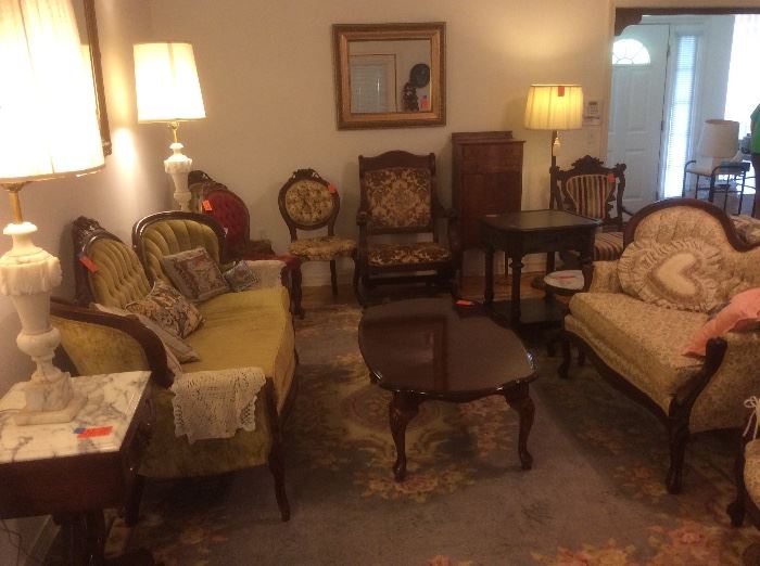 Victorian style furnitures, Marble Lamps, Pair of marble top lyre tables, rug, mirrors, ...