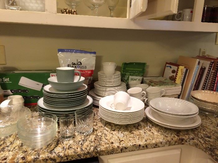 dishes, glassware and cookbooks