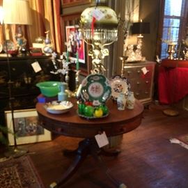 these items are at a different location on consignment call Justus at 901-210-6243 for more information - leather top table - antique oil lamp 