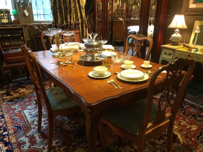 dining room table and chairs , china, silverware  these items are at a different location on consignment please call Justus for more information