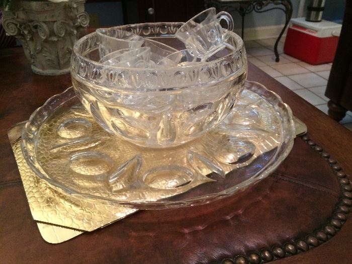 punch bowl with cups and serving platter