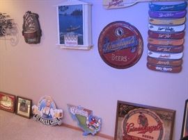 Neon beer signs, beer mirrors and signs.