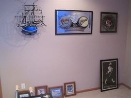Neon beer signs, beer and whiskey mirrors and signs.