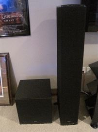 Definitive Super Cube 1 sub woofer.  Definitive BP7002 super tower floor speakers. Definitive CLR-2300 center channel speaker. 
