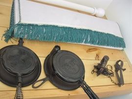 Griswold, Buster Brown and other antique waffle irons. Old traps.
