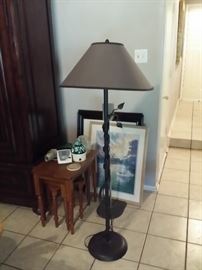 floor lamp metal, wooden side tables, art work