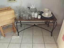 glasses and dishes,  TV Trays and wrought iron table