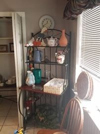 bakers rack, tea pots martini glasses