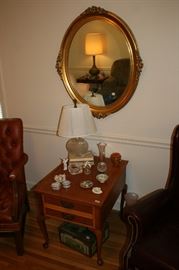 Vintage mirror, 60s end table, Cut Glass Lamp