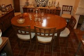 Drexell Dining Room Set - Table has 3 Leaves & 8 Chairs, Rolling Cart Mini Sideboard, Large Sideboard. All in GREAT condition.