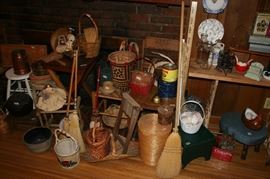 Primitive Collection: Stools, Chairs, Baskets, Brooms, Iron Kettle, Hinged Bowl