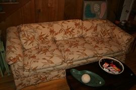 Early 80s Couch, Primitive Pine Drop Leaf Coffee Table, Handmade Pottery Bowl & Tray, Round Pine Ball