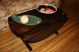 Primitive Pine Drop Leaf table, Pottery Bowl & Tray