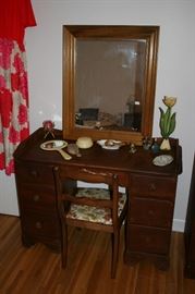 1940s Desk & Retro Maple Mirror, Celluloid Vanity Set