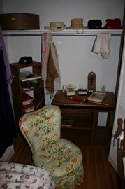 Recovered Vintage Vanity Chair, Rolling Desk, Primitive Pine Shelf, Hats