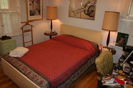 Vintage Full Size Bed, Good Mattress, Primitive Pine End Tables, Retro Brass & Wood Lamps, Silk Screen Prints