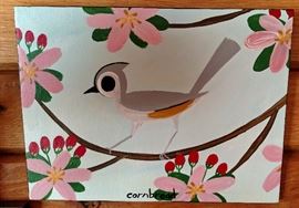 Titmouse In A Limber Twig Apple Tree in Spring 16x12 Acrylic on Wood by John Cornbread Anderson.