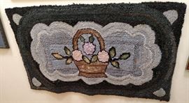 Antique Hook Rug Flower Basket