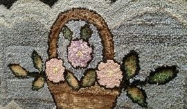 Antique Hook Rug Flower Basket