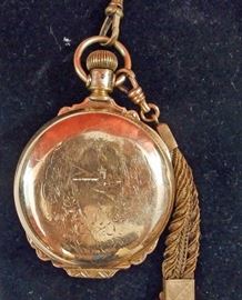 c1898 Elgin Pocket Watch.  Rare production - 4,000 estimated 15j S/N: 7042237 grade 141 - 14k Gold Case with Chain Fobs and Pendants.
