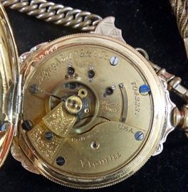 c1898 Elgin Pocket Watch.  Rare production - 4,000 estimated 15j S/N: 7042237 grade 141 - 14k Gold Case with Chain Fobs and Pendants.