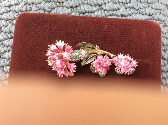 Pink enamel bachelor buttons with turquoise sets   Brooch and earrings