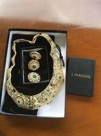Large J Parsons gold tone collar with green sets  Ring and clip on earrings to match