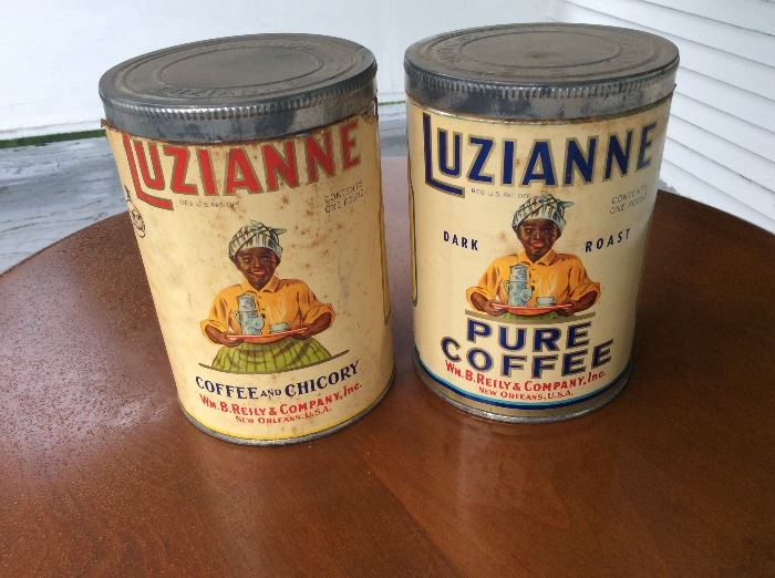 Luzianne coffee tins with white labels.  Dark roast and original 1 pound tins
