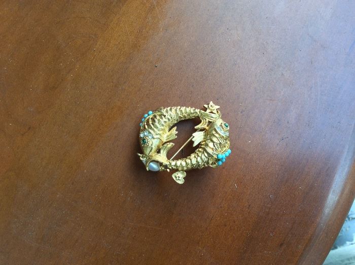Unmarked gold tone fish with turquoise sets - perfectly Pisces!