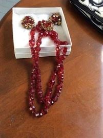 Robert DeMario garnet glass bead necklace and clip ons 