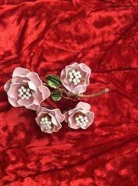 Coro porcelain rose brooch and clip on earrings