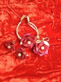 Unmarked textured rose bracelet, brooch, and clip ons